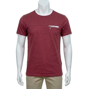 T-shirt à manches courtes pour homme, couleur marron, col rond, coupe classique, tricoté, décontracté, couleur unie, design avec bordure contrastée, avec poche zippée sur le devant - Product Image 1