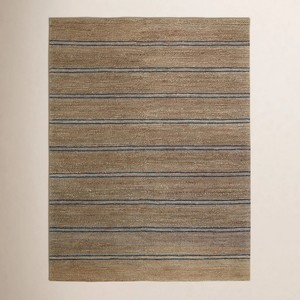Tapis de salon rectangulaire en jute rayé, tissage plat, écologique, motif marron et bleu, à poils fins - Product Image 1