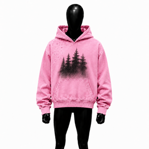 Sudadera con Capucha Rosa Extra Grande Personalizada con Gráfico de Árbol del Bosque Negro, Sudadera Vintage Desgastada Estilo Urbano para Hombre y Mujer - Product Image 1