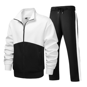 Ensemble de survêtement pour homme avec blocs de couleur, fermeture éclair sur toute la longueur, vêtements décontractés d'automne avec poches latérales, design noir et blanc - Product Image 1