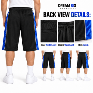 Shorts 3/4 personnalisés pour hommes en polyester noir et bleu, taille élastique avec cordon de serrage, panneaux latéraux et poches avec passepoil argenté, vente en gros de vêtements - Product Image 2