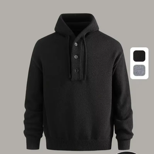 Pull à capuche en tricot robuste pour homme avec ourlet côtelé élastique, manches tombantes, demi-fermeture éclair pour l'automne et l'hiver - Product Image 1