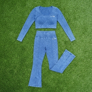 <b>Women</b> Blue Acid Wash Yoga Set Long Sleeve <b>Crop</b> Top High Waist Flare <b>Leggings</b> Gym Fitness Workout Activewear - Product Image 5