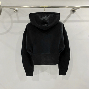 Unisex <b>Black</b> Cropped <b>Zip</b>-<b>Up</b> <b>Hoodie</b> Regular Sleeve Fleece Casual Oversized Solid Knitted Winter Streetwear Anti-Shrink - Product Image 4