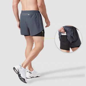 Mens Quick Dry Breathable Running Shorts <b>Layered</b> <b>Mid</b> Waist Elastic Waist Front Logo Reflective Pocket Gym Training Shorts - Product Image 4