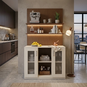Buffet de cuisine moderne bicolore en bois, blanc cassé, avec étagères ouvertes et portes vitrées, meuble de bar à café, mobilier de salle à manger - Product Image 5