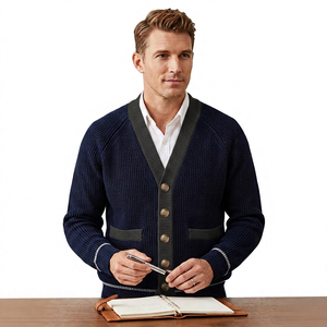 Men's <b>Navy</b> Knitted <b>Cardigan</b> Solid Color Full Sleeve Button Closure Autumn Wear - Product Image 3