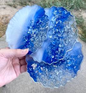 Handmade Blue, White & <b>Silver</b> Resin <b>Coaster</b> Set - Product Image 5