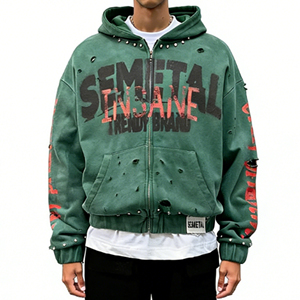 Vente en gros de sweats à capuche pour hommes en molleton épais vintage, style hip-hop, avec strass, effet vieilli, unis, personnalisables, délavés à la pierre et découpés au laser - Product Image 1