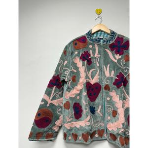Handmade Suzani Gray <b>Velvet</b> <b>Jacket</b> Floral Embroidery Stand Collar Bohemian Full Sleeve Vintage <b>Women</b> Outerwear - Product Image 5
