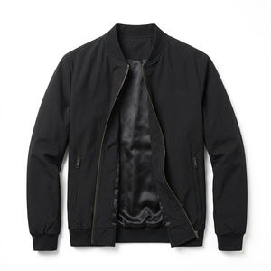 Blouson bomber noir pour homme, doublure satinée, coupe ajustée, style universitaire décontracté, streetwear, fermeture éclair, veste d'extérieur automne-hiver - Product Image 1
