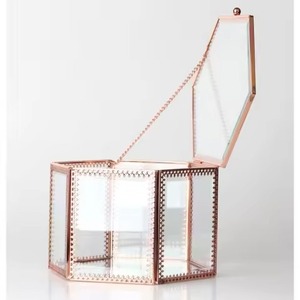 Caja de joyería de latón chapado en oro rosa con marco de metal dorado decorativo, organizador de exhibición de vidrio transparente con tapa para decoración del hogar. - Product Image 4