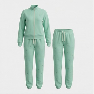 Women's 2 Piece Fleece <b>Tracksuit</b> Set Solid Mint Green Embroidered Stars Full Length Casual Wear Regular Fit All Seasons - Product Image 1