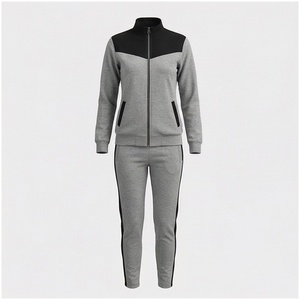 <b>Women</b> Grey Black Color Blocking Tracksuit Full <b>Zip</b> Jacket With Side Pockets And Matching Pants Casual Autumn Wear - Product Image 1