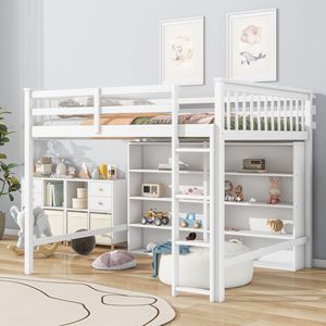 Letto a soppalco bianco a grandezza naturale con 8 ripiani aperti e scaletta integrata per bambini - Product Image 1