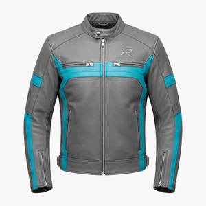 Veste de moto en cuir gris bleu pour homme RELEVO, col zippé, style motard, vêtement d'automne - Product Image 1