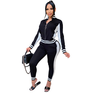 Ensemble de survêtement sportif pour femme, jaune et blanc, à blocs de couleur, manches longues, fermeture éclair, col montant, coupe ajustée, toutes saisons, tricoté - Product Image 4