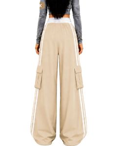 Pantalon de jogging cargo beige à jambes larges pour femme, taille haute, avec cordon de serrage, poches latérales, style streetwear décontracté, coupe ample - Product Image 2