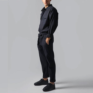 Customized Logo Printed Men's Dark Blue Long Sleeve Coveralls <b>With</b> Chest <b>Pockets</b> And Drawstring Waistband - Product Image 2