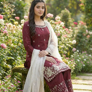 Ensemble de costume en soie pour femme, entièrement brodé avec des sequins, comprenant un haut, un pantalon palazzo et un dupatta en dentelle d'organza, prêt à porter - Product Image 1