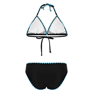 Ensemble bikini deux pièces pour femmes, noir, bleu, imprimé floral, col halter, bordure contrastée, maillot de bain extensible - Product Image 2