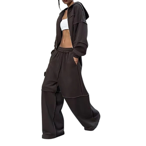 Conjunto de dos piezas de chándal corto con cremallera y capucha para mujer, de alta calidad, color marrón, con pantalones de pierna ancha y borde sin rematar, venta al por mayor OEM - Product Image 4