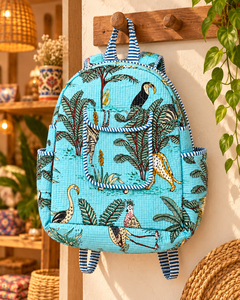 Dreamy Light Blue Cotton Quilted <b>Backpack</b> <b>with</b> Nature Inspired Bird Print and Handmade Charm Trendy Light Blue Quilted Cotton - Product Image 1
