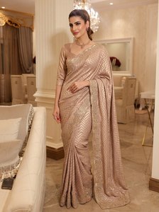 Sari de seda estilo Banarasi rosa con patrón en zigzag dorado, ropa formal de boda para mujeres, atuendo tradicional indio. - Product Image 2