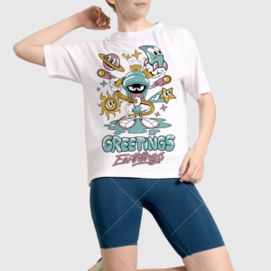 T-shirt blanc à col rond pour femme, imprimé dessin animé, coupe classique, décontracté, 100 % coton biologique, manches courtes, tissu jersey, écologique - Product Image 3