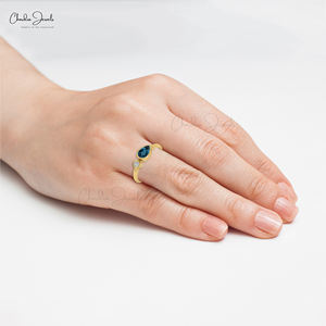 Anillo de Oro Amarillo Sólido de 14k con Topacio Azul de Londres y Diamantes de 2mm Engastados en Bisel, Joyería Fina Hecha a Mano de Vendedor Popular, Venta al Por Mayor - Product Image 4