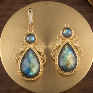 Factory Supply 925 <b>Sterling</b> <b>Silver</b> Natural Labradorite Drop Earrings 18K Gold Plated 5 Inch 16g Round 8mm Pear Shape Wholesale - Product Image 4