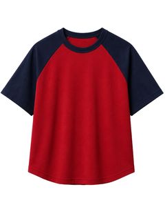 Camiseta raglan roja y azul marino para hombre, de manga corta, cuello redondo, algodón, personalizada, informal, estilo urbano, con bloques de color. - Product Image 1