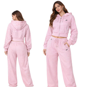 Sudadera con capucha corta para mujer, 100% algodón, felpa francesa, con pedrería, estilo oversize, streetwear, con logotipo personalizado bordado. - Product Image 1