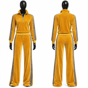 <b>Women's</b> <b>Yellow</b> Leopard Print <b>Tracksuit</b> Set Full Sleeve Half-Zip Casual Loose Fit Autumn Wear Sweatshirt And Pants Outfit - Product Image 1