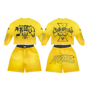 Ensemble T-shirt et short en molleton de coton épais 320 GSM, jaune, délavage vintage, logo sérigraphié, personnalisé, 2 pièces - Product Image 1