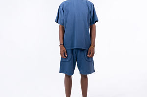 Nouvel Arrivage 2026 Short Unisexe 100% Coton French Terry Délavé à l'Acide Effet Usé Streetwear avec Poches Bleu Uni - Product Image 3