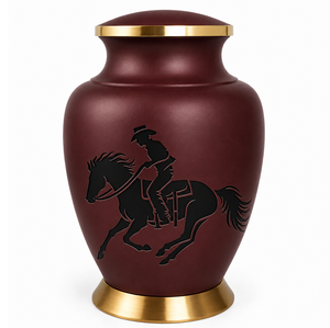Urna Funeraria de Metal (Latón/Aluminio) con Grabado de Vaquero y Caballo, Color Negro y Marrón, Estilo Europeo Americano, para Cenizas Humanas - Product Image 1