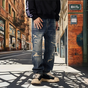 Pantalones de Hombre de Alta Calidad, Estilo Urbano, con Bordado Sólido, Parches de Mezclilla, Desgastados, Corte Regular, Personalizados - Product Image 2