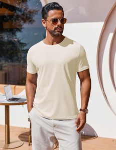 T-shirt pour homme, couleur crème, manches courtes, col rond, coupe ajustée, en coton tricoté, décontracté, respirant, design uni - Product Image 2