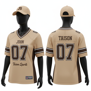 เสื้อฟุตบอลอเมริกันหญิง ผ้าโพลีเอสเตอร์ตาข่ายพรีเมียม 180GSM สีครีมขาวแดงเลือดหมู แถบแขนเสื้อแบบมีลาย  โลโก้แบบซับลิเมชั่นสั่งทำได้ - Product Image 2