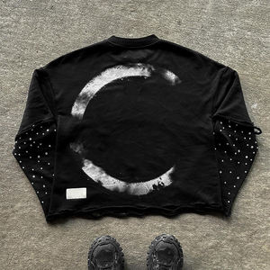 เสื้อยืดสตรีทแวร์ปักโลโก้ทรงบ็อกซี่ ล้างสีแบบแอซิดวอช แต่งคริสตัล แขนยาวสองชั้น สำหรับผู้ชาย - Product Image 6