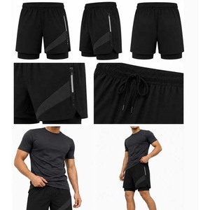 Men Sport Shorts Black Solid Color Blocked Side Stripe Quick Dry Drawstring Waist <b>Mid</b> Length Knitted Polyester Double <b>Layer</b> - Product Image 5