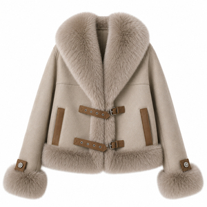 Custom Safari Style Woolen Jacket <b>With</b> Fur Collar And Cuffs <b>Belt</b> Closure Winter Outerwear Unisex Short <b>Coat</b> Thick Faux Fur - Product Image 1