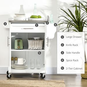 Carrello da Cucina Moderno in Metallo con Piano in Acciaio Inox, Ripiani Regolabili, Costruzione in MDF e PVC, Bianco - Product Image 4