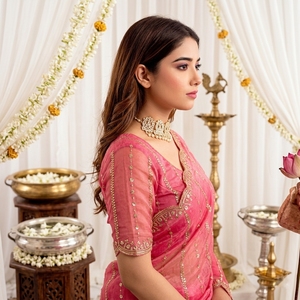 Sari de Seda Rosa Bordado Estilo Bollywood de AARA Fashion con Protección Solar, Vestido Tradicional para Mujer para Bodas y Fiestas, Todas las Temporadas - Product Image 2