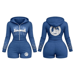 Ensemble de survêtement court à capuche marron pour femme avec strass, sweat-shirt zippé et short, style streetwear décontracté, idéal pour l'automne - Product Image 3