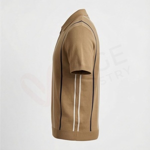 Polo en tricot à manches courtes pour homme, couleur kaki, avec rayures verticales, fermeture éclair, coupe décontractée - Product Image 3