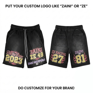 Premium 140gsm Cotton Plain Dyed Heavyweight Faded Black Streetwear Front Logo Men's Mid Waist Drawstring Closure <b>Shorts</b> - Product Image 1