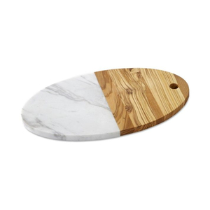 Planche à fromage élégante en marbre rond et bois d'acacia à motif chevron avec poignée en cuir, planche à découper haut de gamme en matériaux mixtes - Product Image 4
