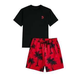 Men's 2 Piece Short Sleeve Graphic Tee Hawaiian Printed Drawstring Shorts <b>Set</b> - Product Image 1